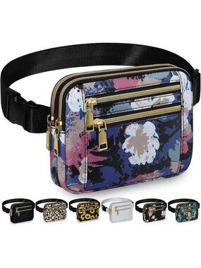 Women's Watercolor Waterproof Fanny Pack 4 Zip Pocket Adjustable Crossbody Bag